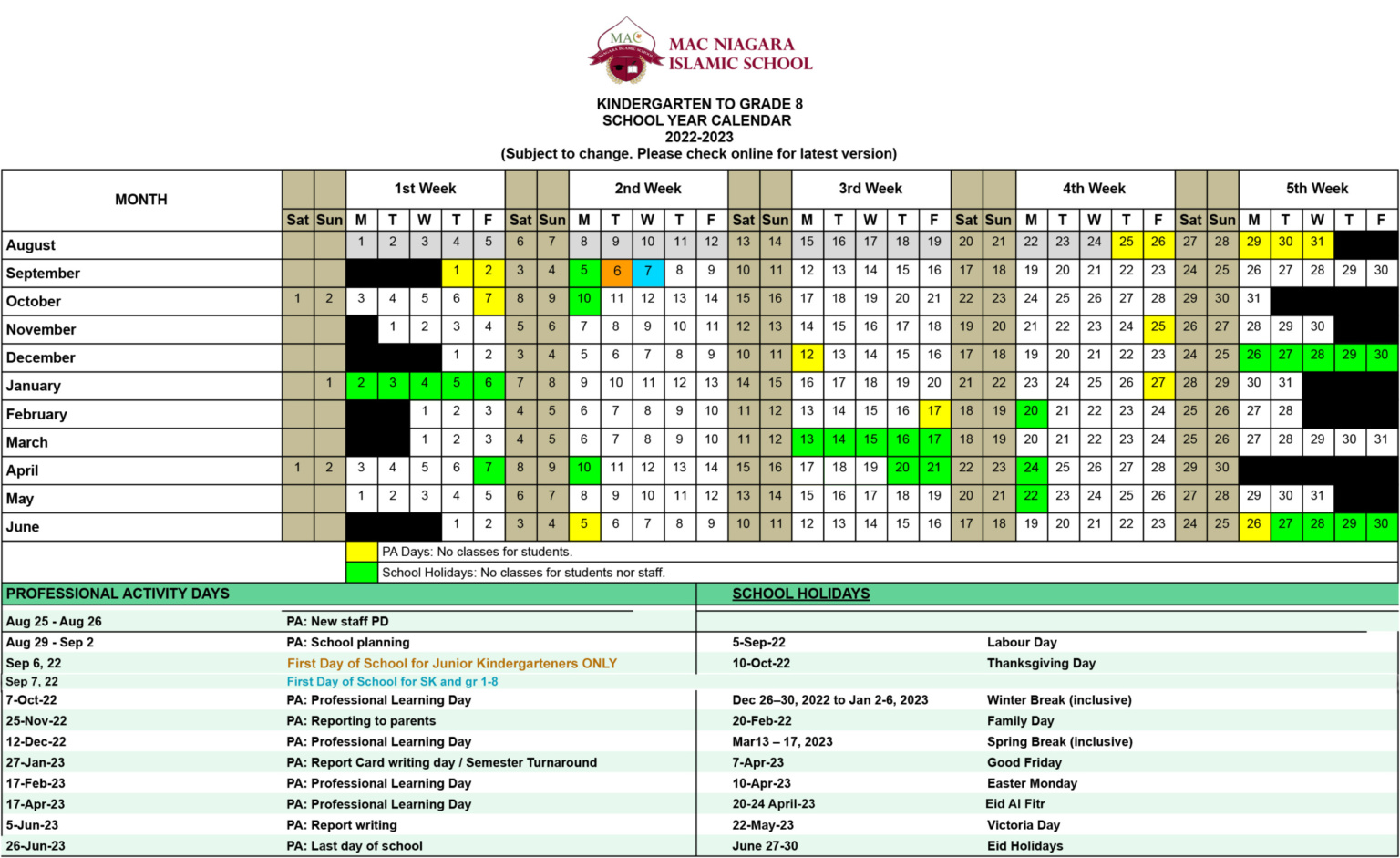2022-2023 Calendar – MAC Niagara Islamic School